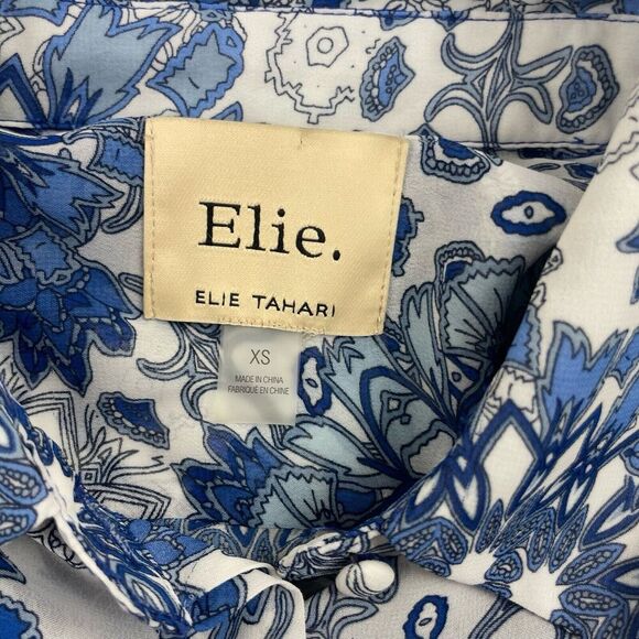 Elie. Tahari Sheer Button Blouse Blue Spanish Tile Ruffles L/S Flounce Floral XS - Picture 4 of 7